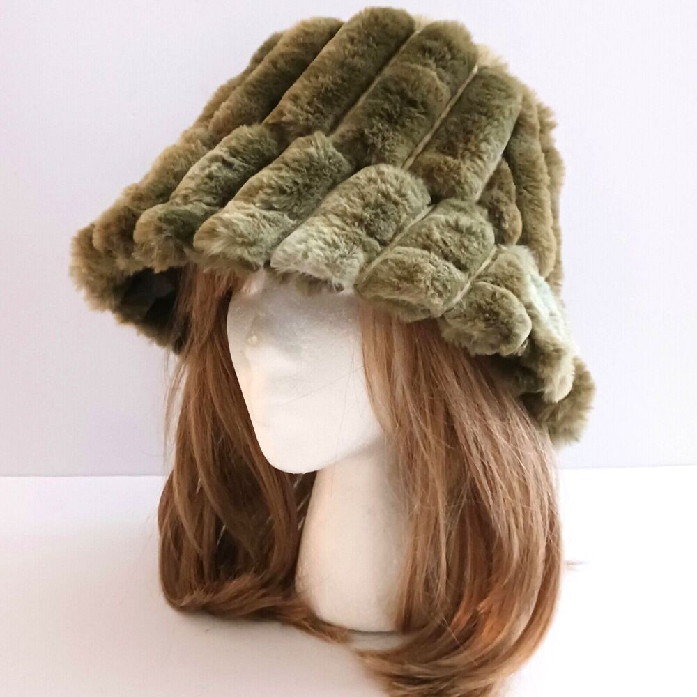 NEW Faux Fur Bucket Hat Olive Green Stripes O/S Adjustable